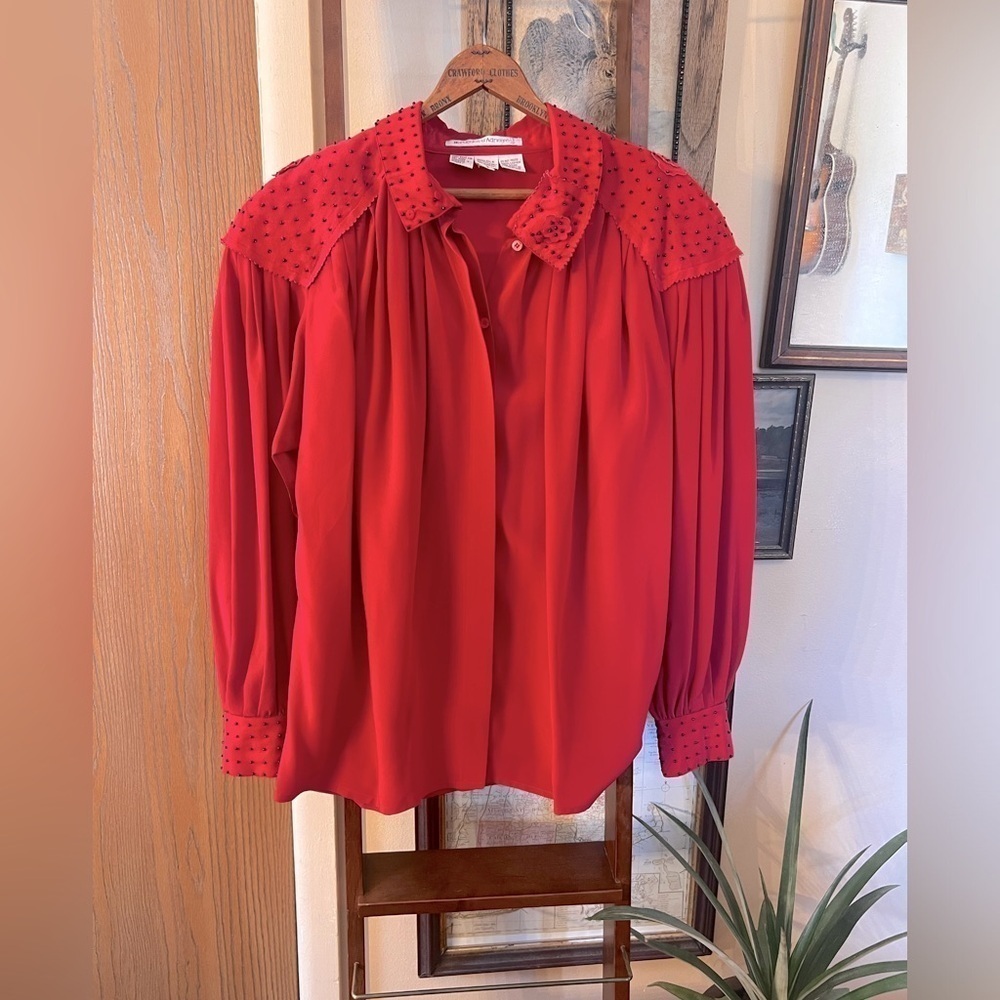 Vintage 80’s MERCEDES & ADRIENNE Maroon Silk Blouse with Studded Suede Size 8